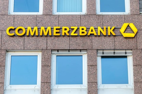 GIESSEN, Germany - 2021_04_09: Commerzbank Logo on a Facade. Commerzbank AG is one of the largest