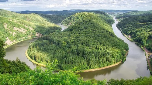 Saarschleife view from tree top walk tower. A lookout tower in Saarland. Pure nature. Scenic a