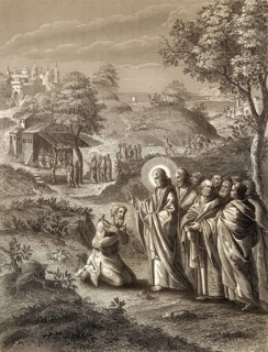 Jesus Christ cures 10 lepers, Steel engraving 1853, digitally restored