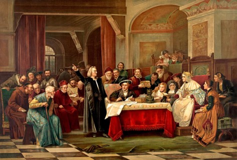 Christopher Columbus standing before King Ferdinand and Queen Isabella on his return to Spain,