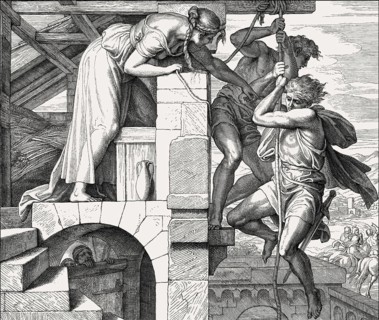 Rahab lets the spies escape, Old Testament, by Julius Schnorr von Carolsfeld, 1860