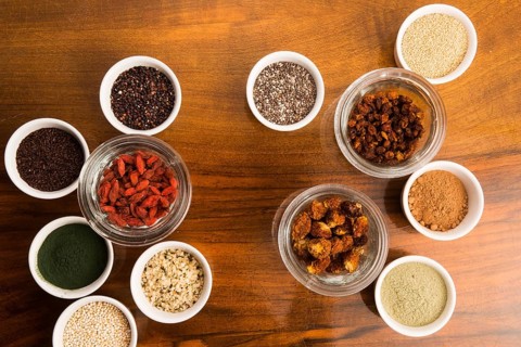Bowls of various superfoods