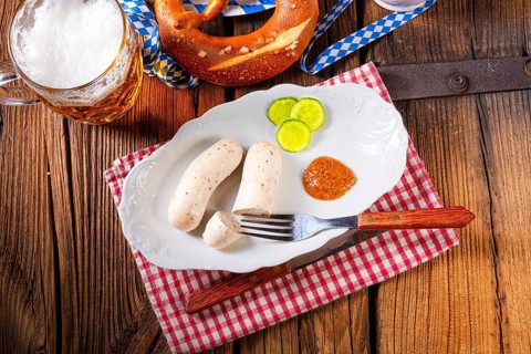 Bavarian veal sausage pretzels and beer at the Oktoberfest