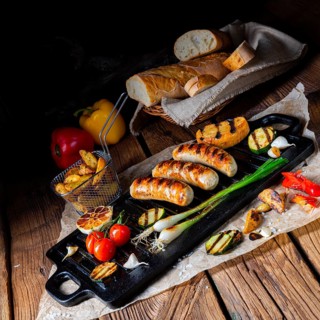 Delicious grilled sausage with various grilled vegetables