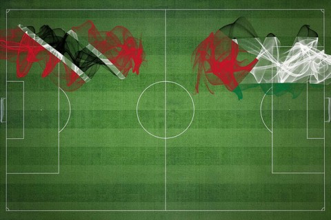 Trinidad and Tobago vs Palestine Soccer Match, national colors, national flags, soccer field,