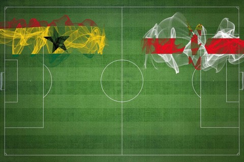 Ghana vs Northern Ireland Soccer Match, national colors, national flags, soccer field, football