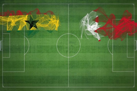 Ghana vs Bahrain Soccer Match, national colors, national flags, soccer field, football game,