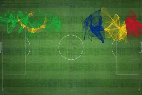 Mauritania vs Romania Soccer Match, national colors, national flags, soccer field, football game,