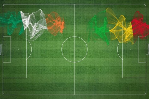 Ireland vs Mali Soccer Match, national colors, national flags, soccer field, football game,