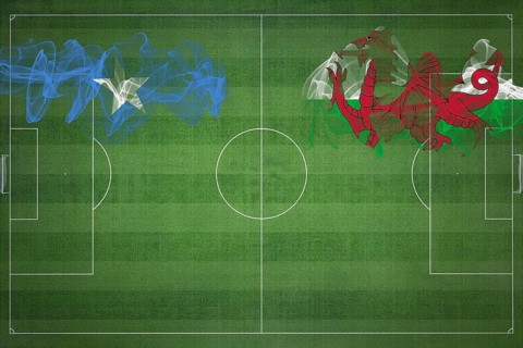 Somalia vs Wales Soccer Match, national colors, national flags, soccer field, football game,