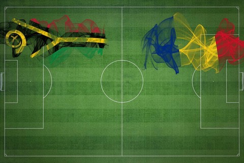 Vanuatu vs Romania Soccer Match, national colors, national flags, soccer field, football game,
