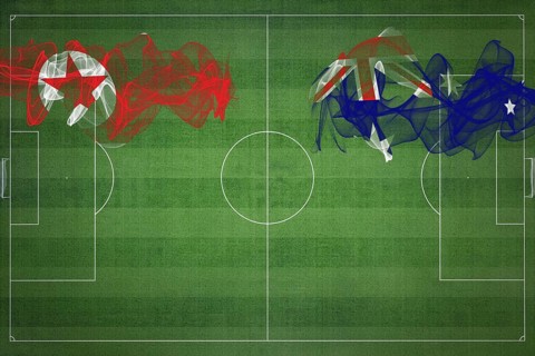 North Korea vs Australia Soccer Match, national colors, national flags, soccer field, football