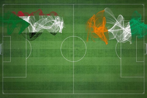 Sudan vs Ivory Coast Soccer Match, national colors, national flags, soccer field, football game,
