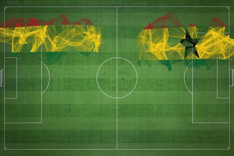 Bolivia vs Ghana Soccer Match, national colors, national flags, soccer field, football game,