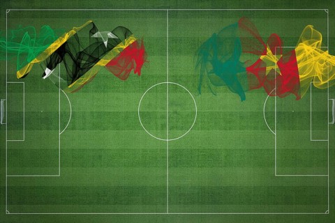 Saint Kitts and Nevis vs Cameroon Soccer Match, national colors, national flags, soccer field,