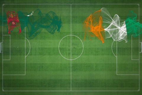 Turkmenistan vs Ivory Coast Soccer Match, national colors, national flags, soccer field, football