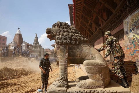Army and police personnel clear debris, earthquake, nepal, asia