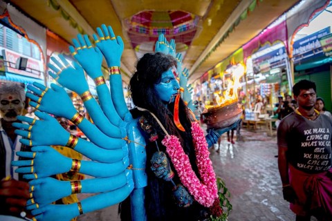 Woman dress as Hindu Goddess Kali, Thoothukudi, Tamil Nadu, India, Asia