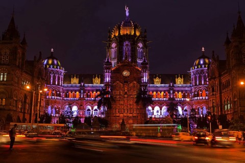 Illuminated chhatrapati shivaji terminus, mumbai, maharashtra, india, asia