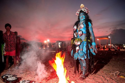 Woman dress as Hindu Goddess Kali, Tamil Nadu, India, Asia