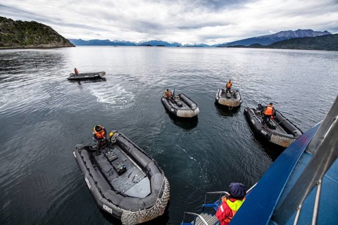 Expedition trip with Zodiacs, Wulaia Bay, Beagle Street, Ushuaia, Tierra del Fuego, Patagonia,