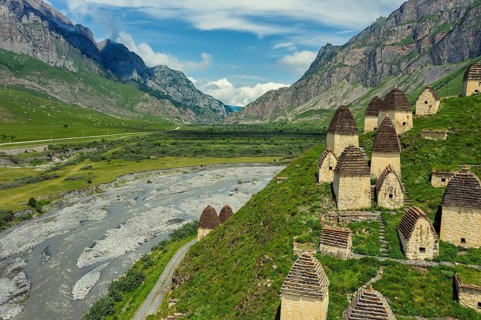 Dead Town Dargavs In North Ossetia. The ancient cemetery of the Alans. Many small stone mausoleums,