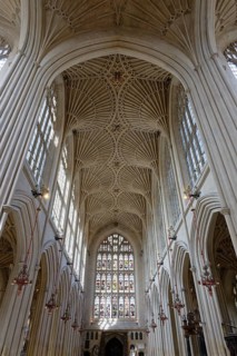 Interior view, ceiling, stained glass window, Bath Abbey, Bath, England, Great Britain