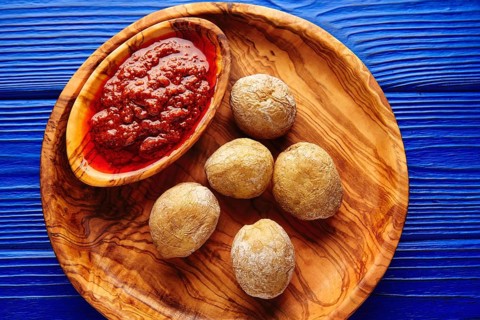 Papas arrugas al mojo wrinkled potatoes Canary islands recipe red spicy sauce
