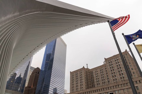 View of architecture around the World Trade Centre in Lower Manhattan, New York, NY, USA, United