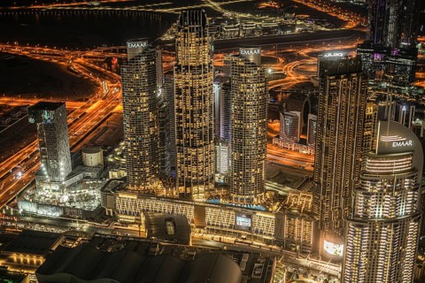Dubai night view seen from the observation deck of Burj Khalifa. Shooting Location: Dubai
