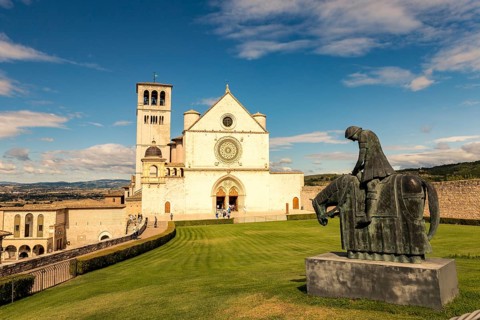 St. Francis of Assisi Church with the statue of St. Francis on a horse in the foreground. Francis