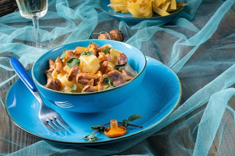 Pappardelle with cheese sauce and fresh chanterelles