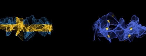 Flags of Sweden and EU on Black background, Sweden vs Europe Union Smoke Flags