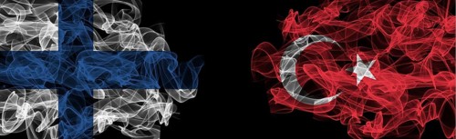 Flags of Finland and Turkey on Black background, Finland vs Turkey Smoke Flags