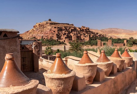 Ait Benhaddou, Morocco, 14 March, 2024: view of the earthen clay village of Ait Benhaddou in