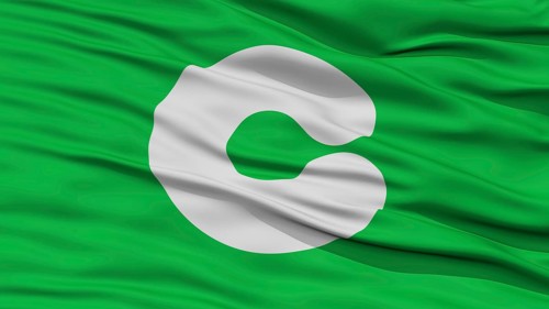 Closeup of Kumamoto Flag, Capital of Japan Prefecture, Waving in the Wind, High Resolution