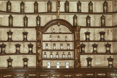 Interior of an Medieval Drugstore. Retro Stylized Image Szekesfehervar, Hungary, Europe