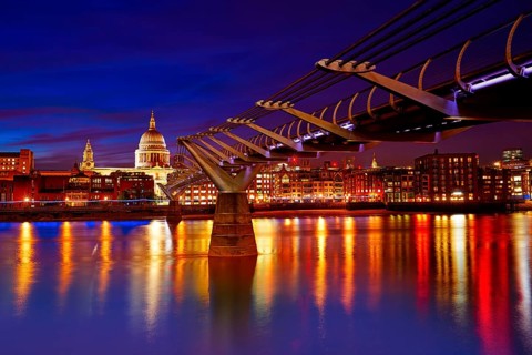 London Millennium bridge sunset skyline in UK at dusk