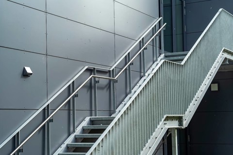 Hot-dip galvanized external staircase on a modern building
