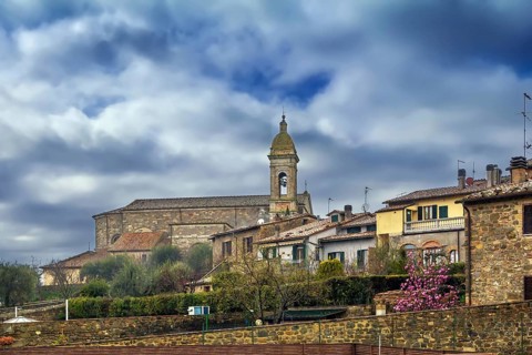 View of Montalcino with historical church, Italy, Europe