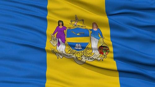 Closeup of Philadelphia City Flag, Waving in the Wind, Pennsylvania State, United States of America