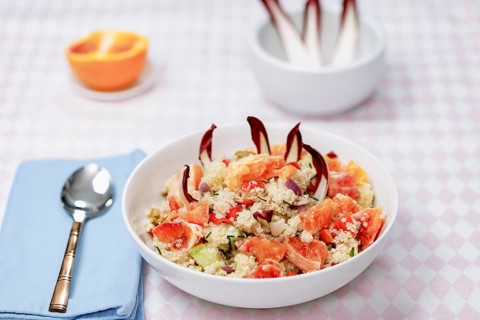 Quinoa salad with blood oranges, radiccio, cucumber and olives