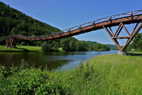 Altmühltal nature park Park, wooden bridge near Essing, Lower Bavaria, Germany, Altmühltal Nature