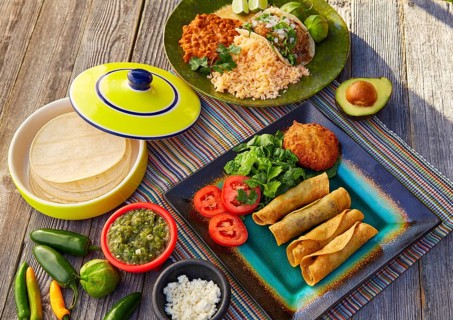 Mexican carnitas tacos with flautas from Mexico food ingredients