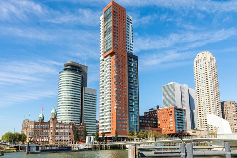 Rotterdam, Netherlands, September 2019: View on the Wilhelminapier with skyscrapers,