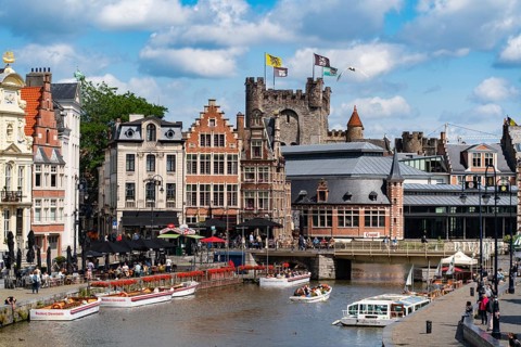Boat cruise on river Leie in Ghent, Belgium, Europe