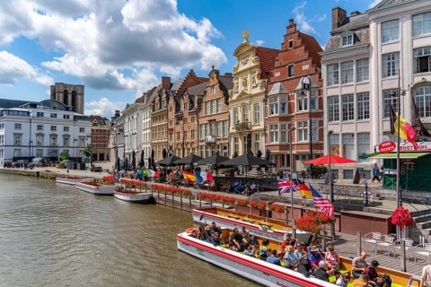 Boat cruise on river Leie in Ghent, Belgium, Europe