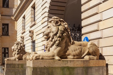 Lion statue at Hamburg City Hall, Hamburg, Germany, Europe