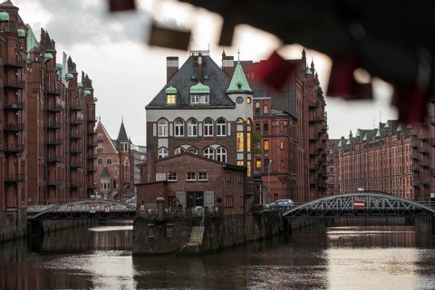 Love locks on a bridge in Hamburg's Speicherstadt warehouse district