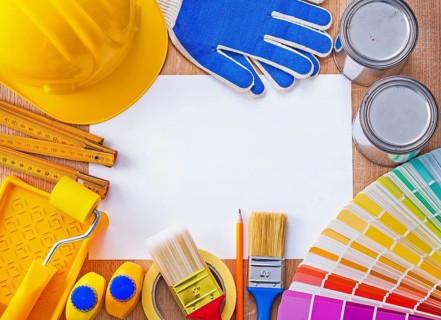 Croup of repair and paint objects on clean sheet of paper construction concept